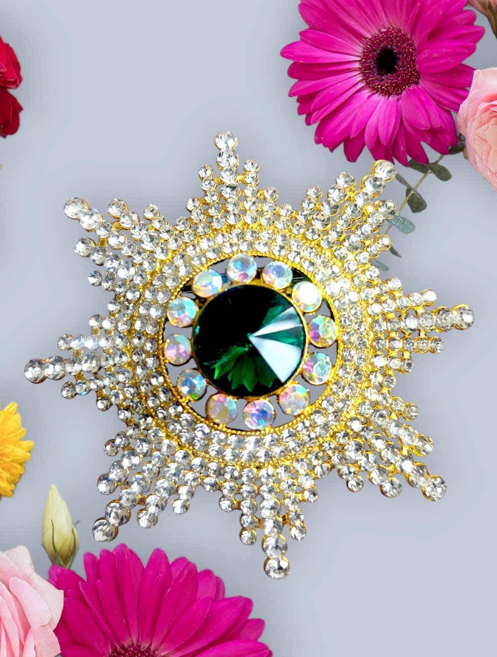 Green Sunburst Crystal Statement Brooch